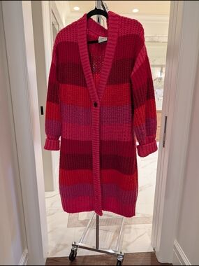Farm Rio Long Open-Front Stripe Cardigan Sweater - Pink/Red